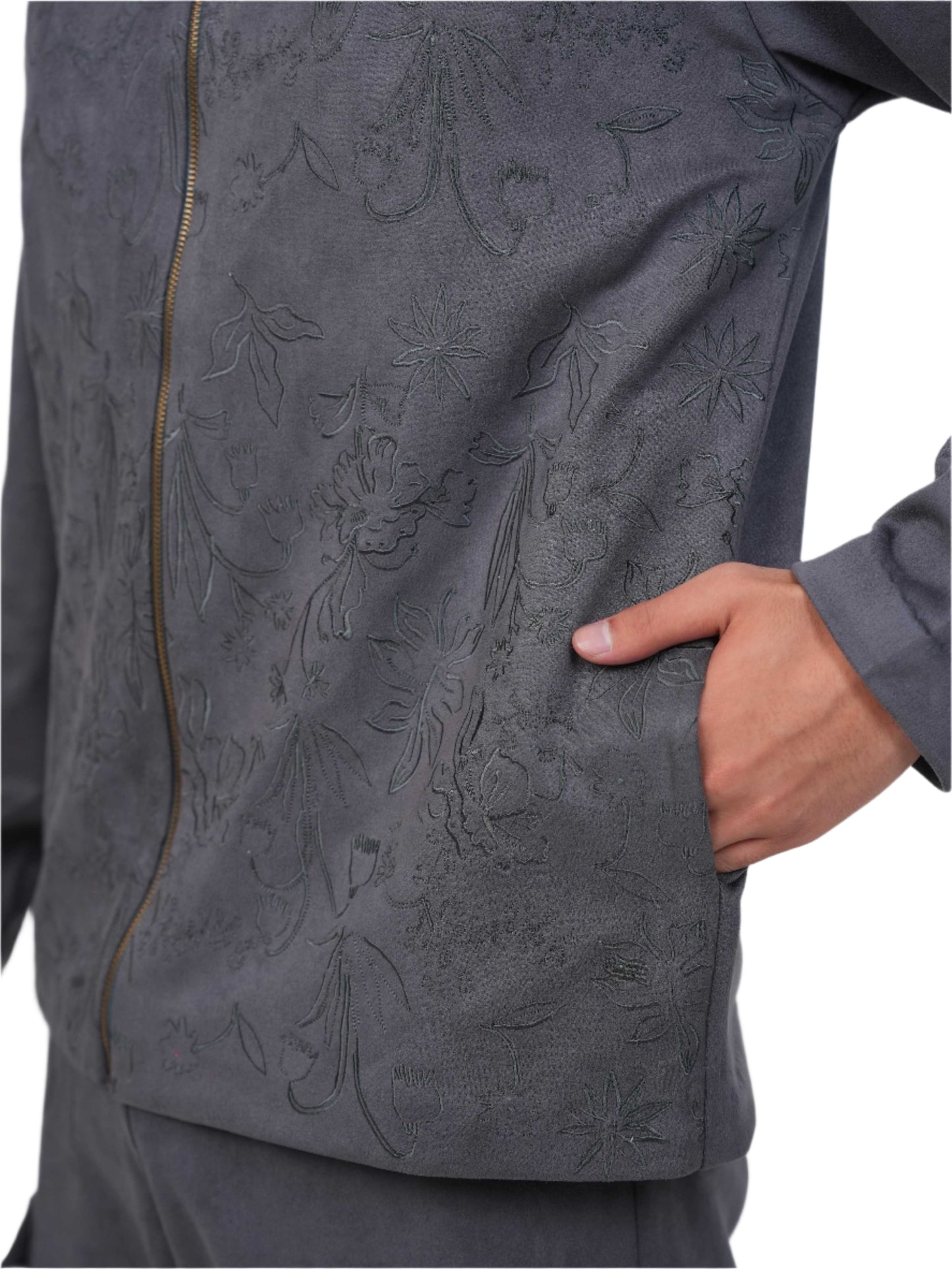 Dark gray textured jacket with floral patterns embroidery
