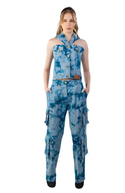 TIE DYE DENIM CARGO PANTS